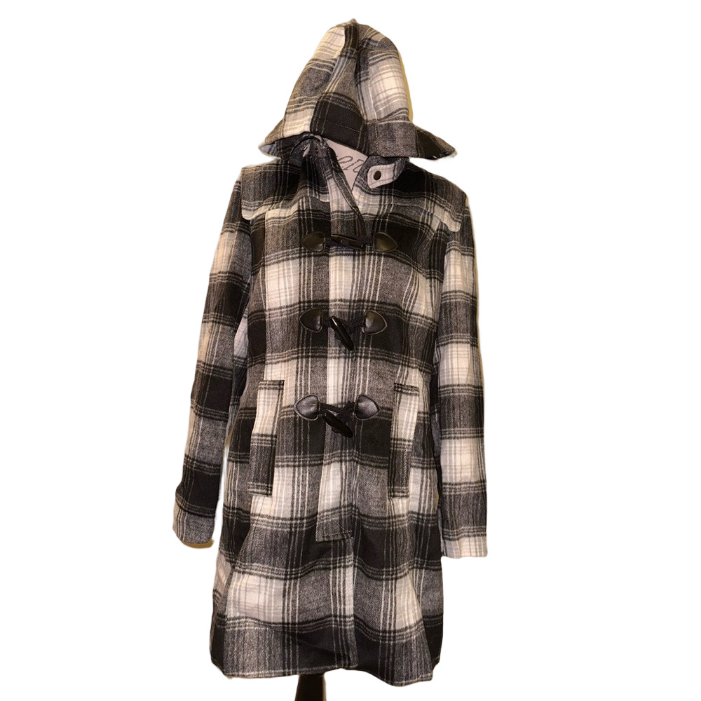 Venus Plaid Toggle Coat w/ Removable Hood – Black & White – Size 10 - Picture 3 of 9